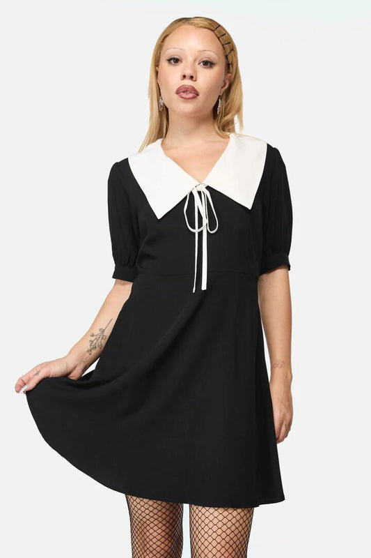 Image of a model wearing Dress. Productname: Fiona Contrast Collar Dress in Black colour by brand - Black Friday