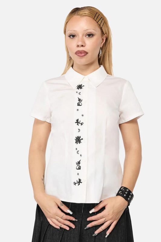 Image of Blouses. Productname: Cackle Embroidered Placket Blouse in Cream colour by brand - Black Friday