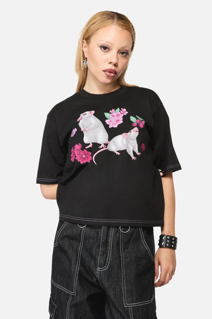 Image of a model wearing Tops. Productname: Rat-A-Tat Witchy Tee in Black colour by brand - Black Friday