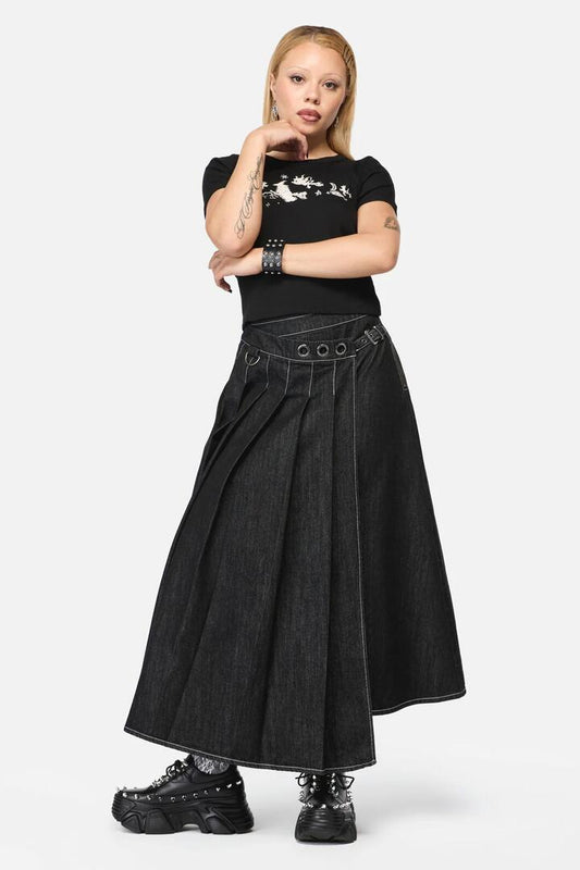 Image of a model wearing Skirts. Productname: Rodent Grunge Maxi Skirt in Black colour by brand - Black Friday