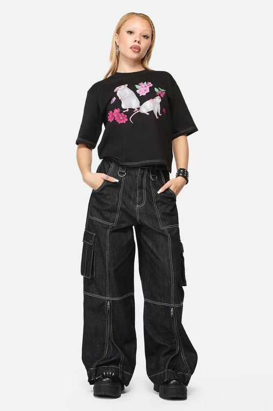 Image of a model wearing Denim. Productname: Rodent Grunge Cargo Jean in Black colour by brand - Black Friday