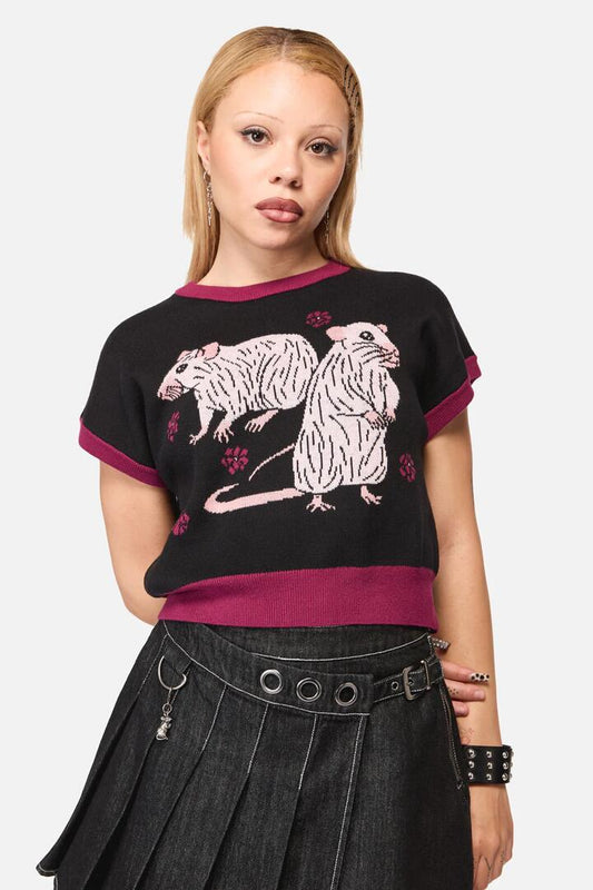 Image of a model wearing Tops. Productname: Rat-A-Tat Witchy Knit in Black colour by brand - Black Friday