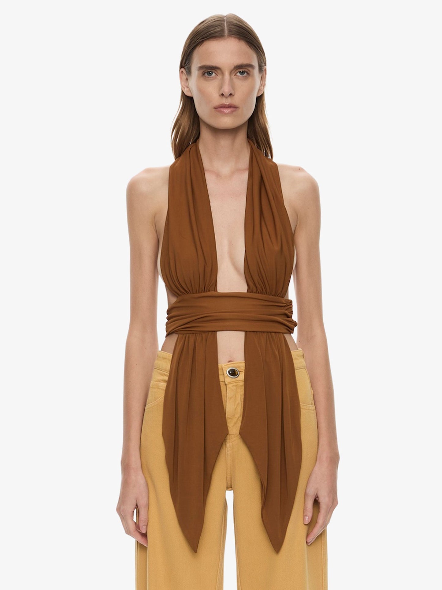 Image of Clothing Tops. Product name - Scarf Draped Halter Top in Cognac colour by brand - CHRISTOPHER ESBER