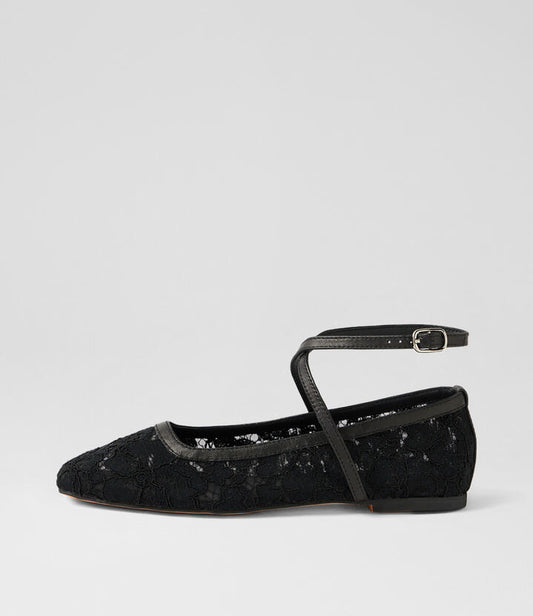 Image of Shoes. Product name - Neesa Black Lace Leather Ballet Flats in Black colour by brand - MOLLINI