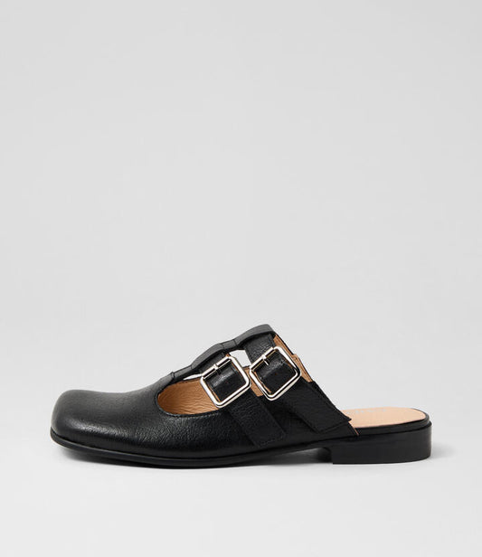 Image of Sandals. Productname: Gavin Black Leather Mules in BLACK-BLACK SOLE colour by brand - MIDAS