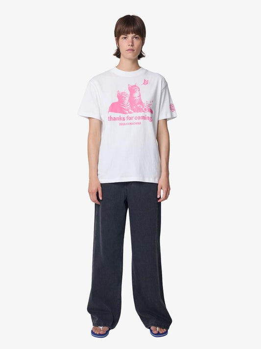 Image of a model wearing Tops. Productname: Deus Ostinato Tee in Pink Print/Vintage White colour by brand - Deus