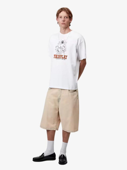 Image of a model wearing Shorts. Productname: Carhartt Wip Short Sleeve Fairplay T-Shirt in White colour by brand - Carhartt Wip