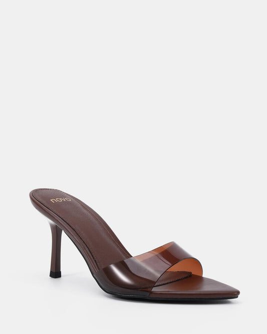 Image of Heels. Productname: Yolo: Brown Perspex - Women's Strappy - High Heel in Brown Perspex colour by brand - Novo