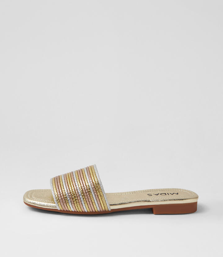 Image of Slippers. Productname: Gracey Multi Metallic Fabric Slides in MULTI METALLIC colour by brand - MIDAS