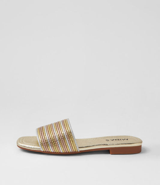 Image of Slippers. Productname: Gracey Multi Metallic Fabric Slides in MULTI METALLIC colour by brand - MIDAS