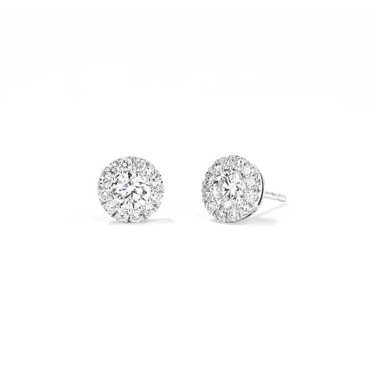 Image of Earrings. Productname: Halo Stud Earrings with 1.00tw of Laboratory-Grown Diamonds in Sterling Silver and Platinum in Diamond colour by brand - Bevilles