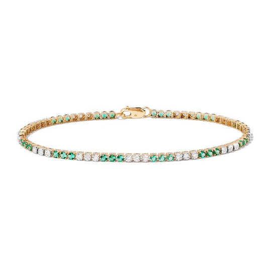 Image of Bracelets. Productname: 18cm Alternating Created Emerald Tennis Bracelet with 0.25tw of Laboratory-Grown Diamonds in 9kt Yellow Gold in Diamond colour by brand - Bevilles