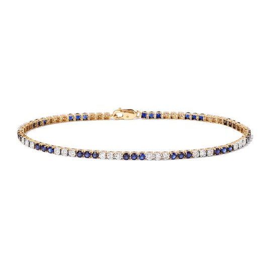 Image of Bracelets. Productname: 18cm Alternating Created Sapphire Tennis Bracelet with 0.25tw of Laboratory-Grown Diamonds in 9kt Yellow Gold in Diamond colour by brand - Bevilles