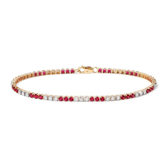 Image of Bracelets. Productname: 18cm Alternating Created Ruby Tennis Bracelet with 0.25tw of Laboratory-Grown Diamonds in 9kt Yellow Gold in Diamond colour by brand - Bevilles