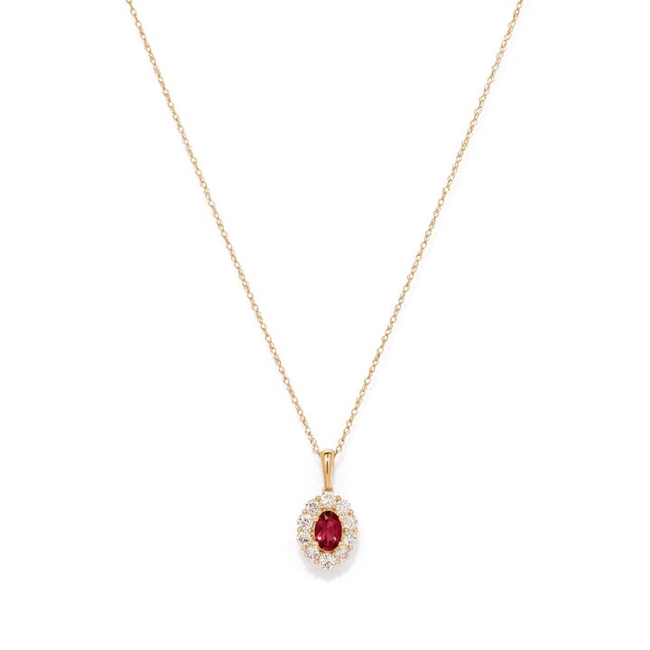 Image of Charms. Productname: 45cm Oval Created Ruby Halo Pendant Necklace with 0.46tw of Laboratory-Grown Diamonds in 9kt Yellow Gold in Diamond colour by brand - Bevilles