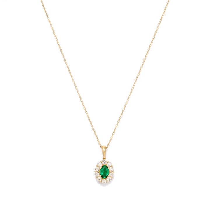 Image of Charms. Productname: 45cm Oval Created Emerald Halo Pendant Necklace with 0.46tw of Laboratory-Grown Diamonds in 9kt Yellow Gold in Diamond colour by brand - Bevilles