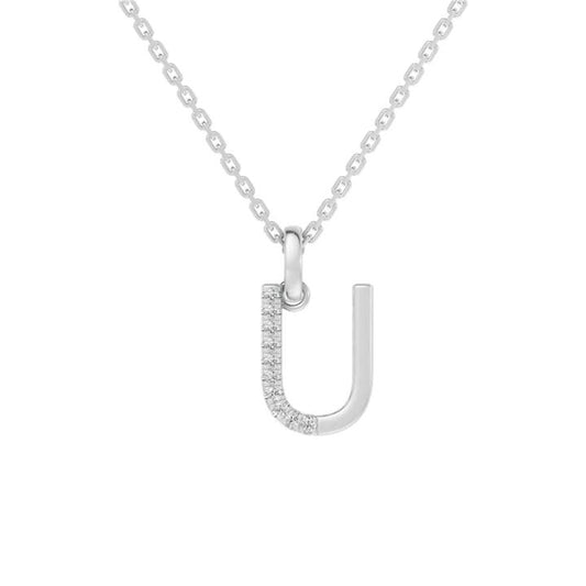 Image of Charms. Productname: 45cm U Initial Pendant Necklace with 0.05tw of Laboratory-Grown Diamonds in Sterling Silver and Platinum in Diamond colour by brand - Bevilles