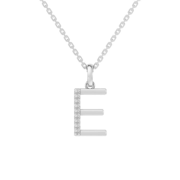 Image of Charms. Productname: 45cm E Initial Pendant Necklace with 0.05tw of Laboratory-Grown Diamonds in Sterling Silver and Platinum in Diamond colour by brand - Bevilles