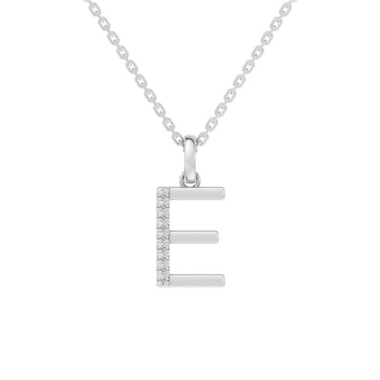 Image of Charms. Productname: 45cm E Initial Pendant Necklace with 0.05tw of Laboratory-Grown Diamonds in Sterling Silver and Platinum in Diamond colour by brand - Bevilles