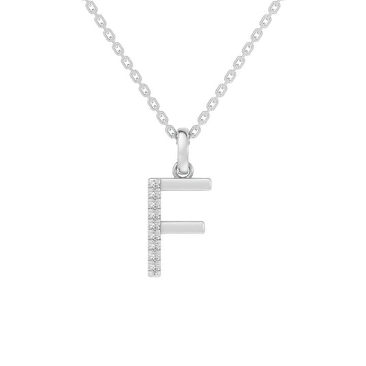 Image of Charms. Productname: 45cm F Initial Pendant Necklace with 0.05tw of Laboratory-Grown Diamonds in Sterling Silver and Platinum in Diamond colour by brand - Bevilles