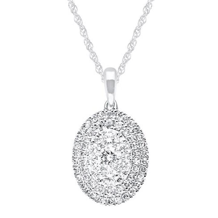Image of Charms. Productname: 45cm Oval Shaped Cluster Halo Pendant Necklace with 0.75tw of Laboratory-Grown Diamonds in Sterling Silver and Platinum in Diamond colour by brand - Bevilles