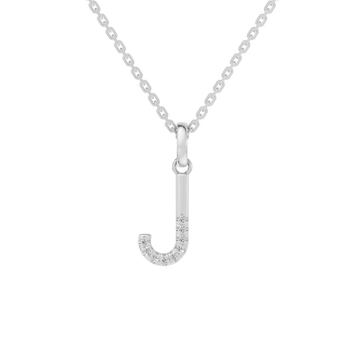 Image of Charms. Productname: 45cm J Initial Pendant Necklace with 0.05tw of Laboratory-Grown Diamonds in Sterling Silver and Platinum in Diamond colour by brand - Bevilles