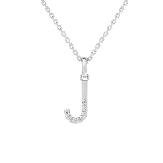 Image of Charms. Productname: 45cm J Initial Pendant Necklace with 0.05tw of Laboratory-Grown Diamonds in Sterling Silver and Platinum in Diamond colour by brand - Bevilles