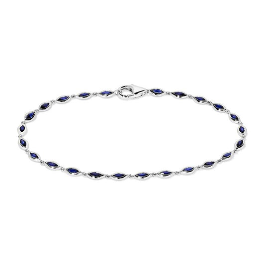 Image of Bracelets. Productname: 18cm Marquise Bezel Set Tennis Bracelet with Created Sapphire in Sterling Silver and Platinum in Diamond colour by brand - Bevilles