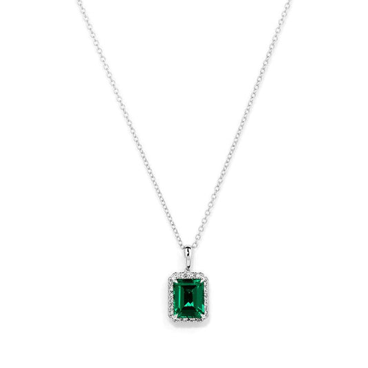 Image of Necklaces. Productname: 45cm Halo Oval Created Emerald Necklace with 0.18tw of Laboratory-Grown Diamonds in Sterling Silver and Platinum in Diamond colour by brand - Bevilles