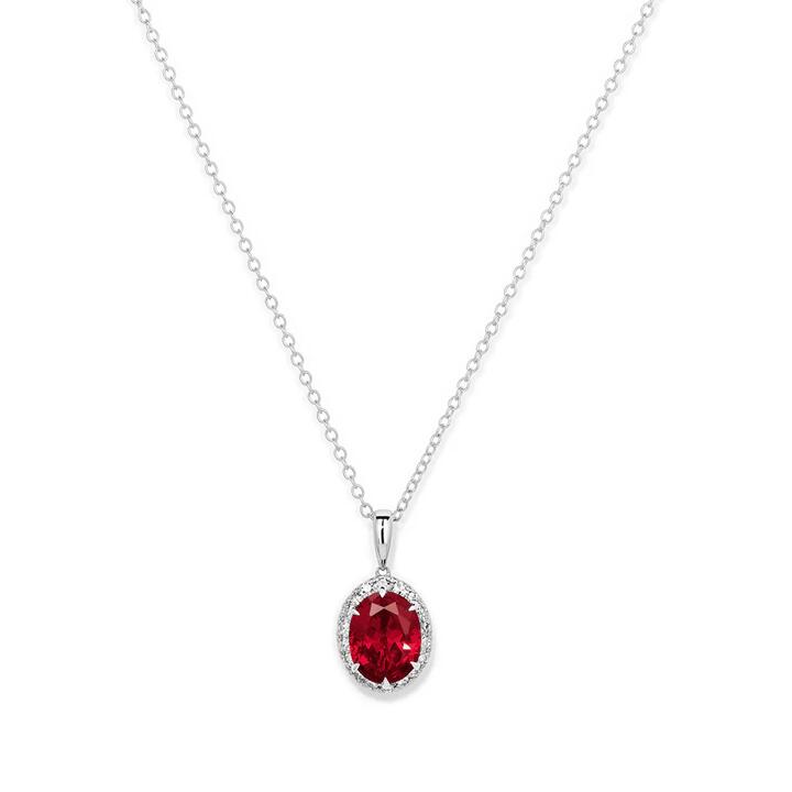 Image of Necklaces. Productname: 45cm Oval Created Ruby Necklace with 0.18tw of Laboratory-Grown Diamonds in Sterling Silver and Platinum in Diamond colour by brand - Bevilles