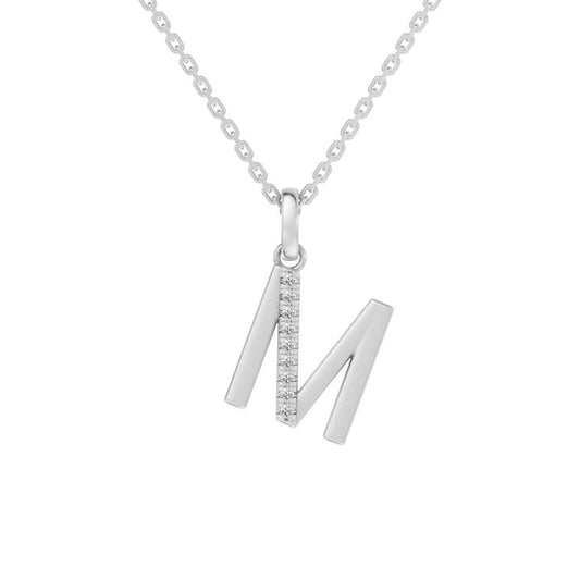 Image of Charms. Productname: 45cm M Initial Pendant Necklace with 0.05tw of Laboratory-Grown Diamonds in Sterling Silver and Platinum in Diamond colour by brand - Bevilles