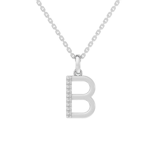 Image of Charms. Productname: 45cm B Initial Pendant Necklace with 0.05tw of Laboratory-Grown Diamonds in Sterling Silver and Platinum in Diamond colour by brand - Bevilles