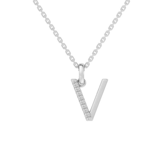 Image of Charms. Productname: 45cm V Initial Pendant Necklace with 0.05tw of Laboratory-Grown Diamonds in Sterling Silver and Platinum in Diamond colour by brand - Bevilles