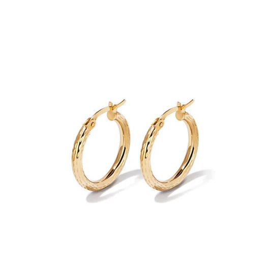 Image of Earrings. Productname: 15mm Diamond-Cut Hoop Earrings in 9kt Yellow Bonded Gold in colour by brand - Bevilles