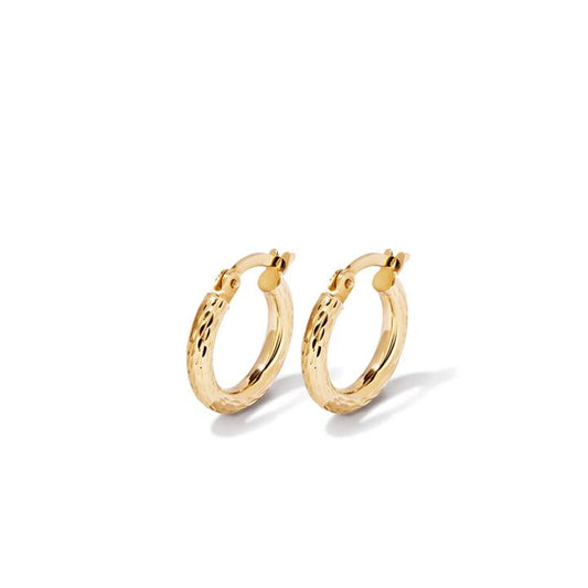 Image of Earrings. Productname: 10mm Diamond-Cut Hoop Earrings in 9kt Bonded Yellow Gold in Gold colour by brand - Bevilles