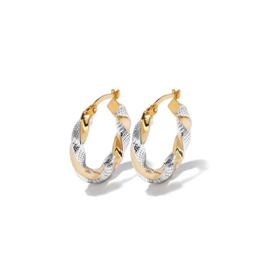 Image of Earrings. Productname: 15mm Two-Toned Twist Hoop Earrings in 9kt Bonded Yellow and White Gold in Gold colour by brand - Bevilles