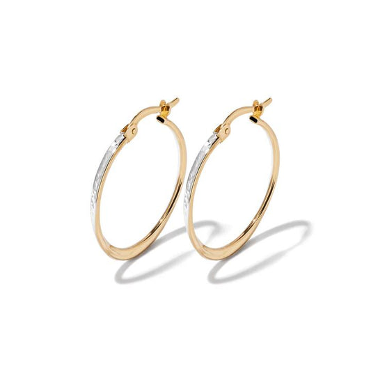 Image of Earrings. Productname: 20mm Two-Tone Twist Hoop Earrings in 9kt Bonded Yellow and White Gold in Gold colour by brand - Bevilles
