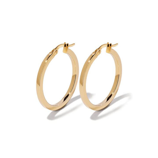 Image of Earrings. Productname: 20mm Square Edge Hoop Earrings in 9kt Yellow Bonded Gold in Gold colour by brand - Bevilles