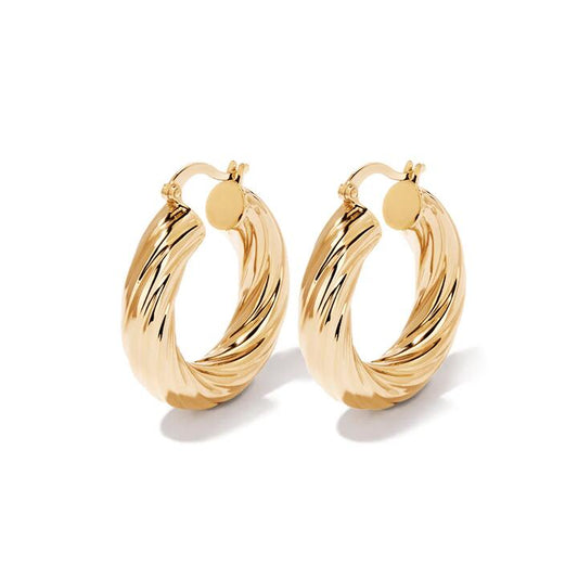 Image of Earrings. Productname: 15mm Wide Twist Hoop Earrings in 9kt Yellow Bonded Gold in Gold colour by brand - Bevilles