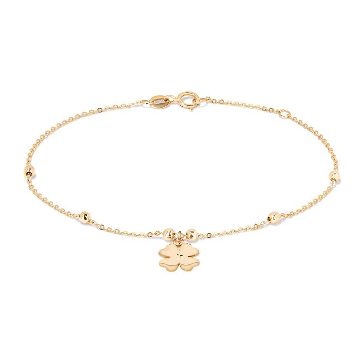 Image of Bracelets. Productname: 19cm Ball Station Bracelet with Clover Charm in 9kt Yellow Gold in Gold colour by brand - Bevilles