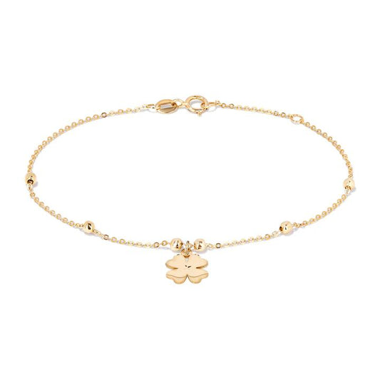 Image of Bracelets. Productname: 19cm Ball Station Bracelet with Clover Charm in 9kt Yellow Gold in Gold colour by brand - Bevilles
