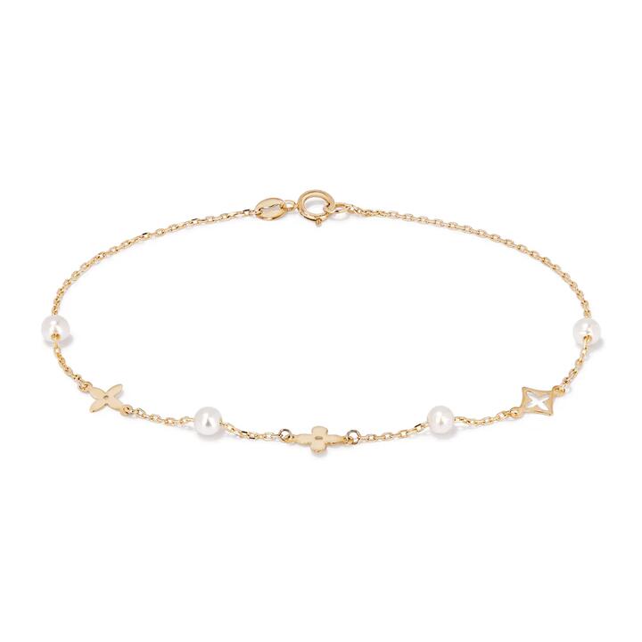 Image of Bracelets. Productname: 19cm Pearl and Clover Station Bracelet in 9kt Yellow Gold in Gold colour by brand - Bevilles