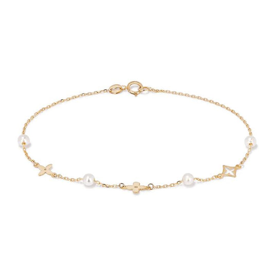 Image of Bracelets. Productname: 19cm Pearl and Clover Station Bracelet in 9kt Yellow Gold in Gold colour by brand - Bevilles