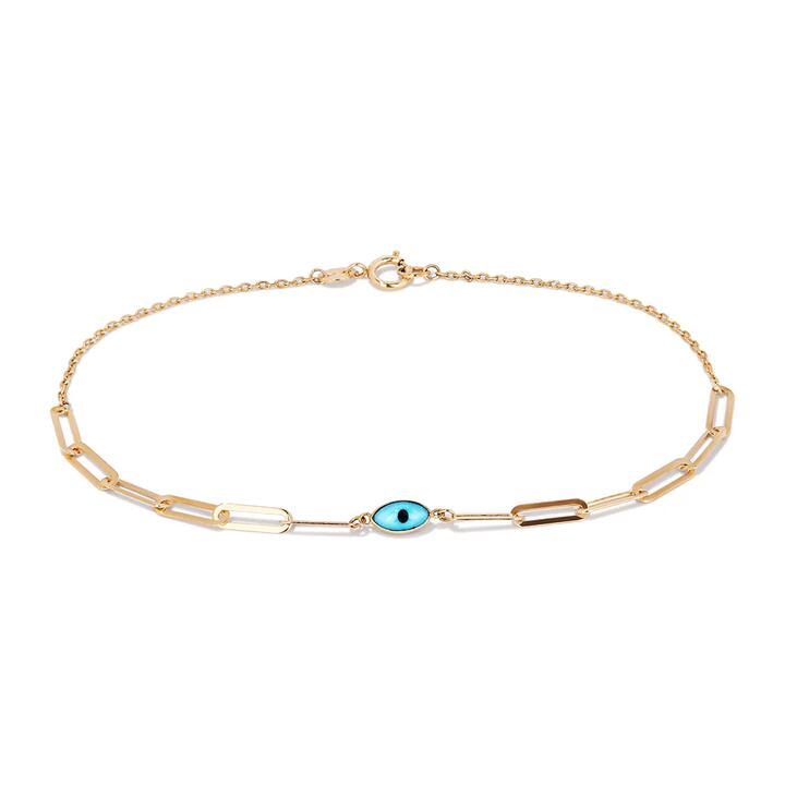 Image of Bracelets. Productname: 19cm Enamel Evil Eye Paperclip Bracelet in 9kt Yellow Gold in Gold colour by brand - Bevilles