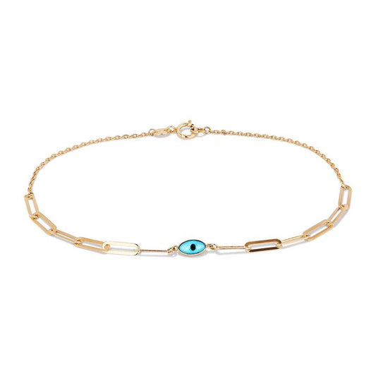 Image of Bracelets. Productname: 19cm Enamel Evil Eye Paperclip Bracelet in 9kt Yellow Gold in Gold colour by brand - Bevilles