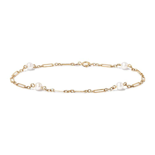 Image of Bracelets. Productname: 19cm Pearl Station Figaro Bracelet in 9kt Yellow Gold in Gold colour by brand - Bevilles