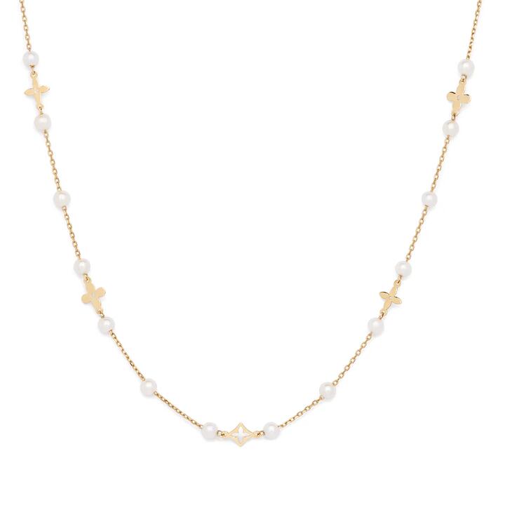 Image of Necklaces. Productname: 45cm Pearl and Clover Station Necklace in 9kt Yellow Gold in Gold colour by brand - Bevilles