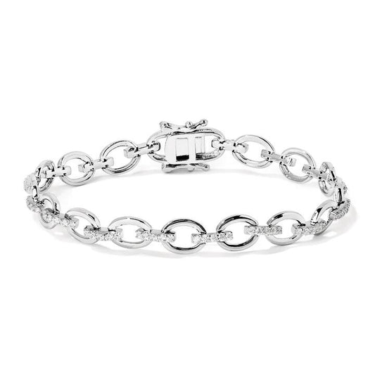 Image of Bracelets. Product name - 18cm 7mm Width Cubic Zirconia Pave Link Oval Bracelet in Sterling Silver in colour by brand - Bevilles