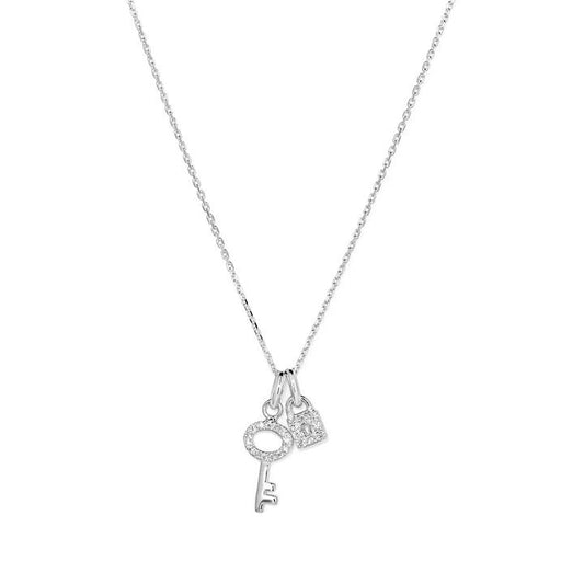 Image of Charms. Productname: 45cm Cubic Zirconia Lock and Key Pendant Necklace in Sterling Silver in Silver colour by brand - Bevilles