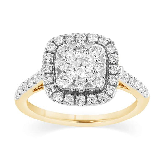Image of Jewelry. Productname: Cushion Shape Cluster Halo Ring with 1.00tw of Laboratory-Grown Diamonds in 9kt Yellow Gold in Diamond colour by brand - Bevilles